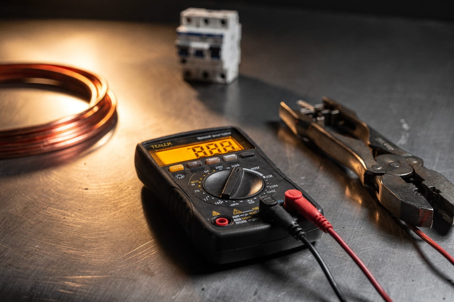 An electrician’s multimeter, copper wire, a circuit breaker and lineman’s pliers on a steel workbench under warm light